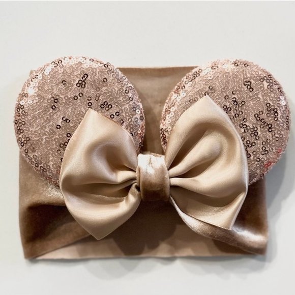 Other - Baby girl Mouse ears headband rose gold velvet & sequin wide headwrap with bow